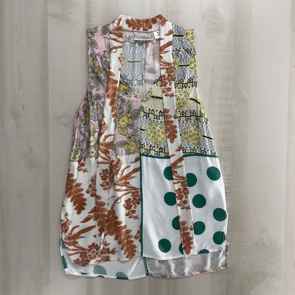 MOULINETTE SOEURS Anthropologie patchwork printed bow blouse top pink work - Picture 4 of 8